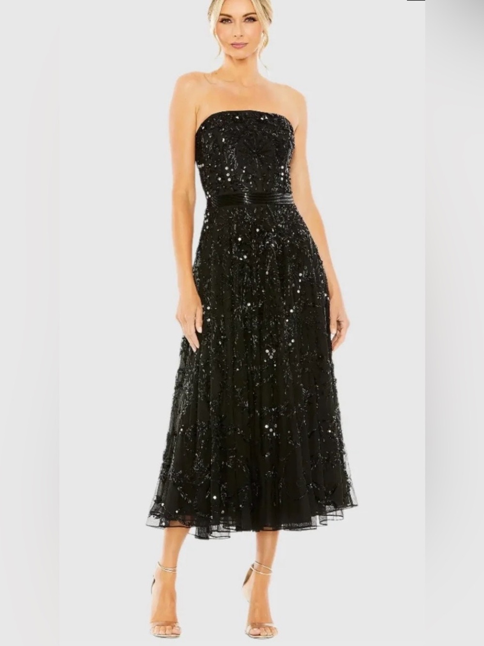 Mac Duggal Black Embellished Mesh Strapless Sequin Beaded Midi Dress Size 10 NWT